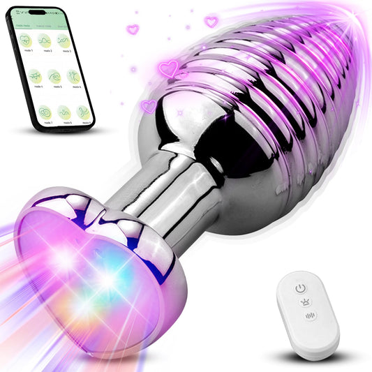 Vibrating Anal Plug APP & Remote Control Metal Butt Plugs Heart Light Up Sex Toys for Woman/Man