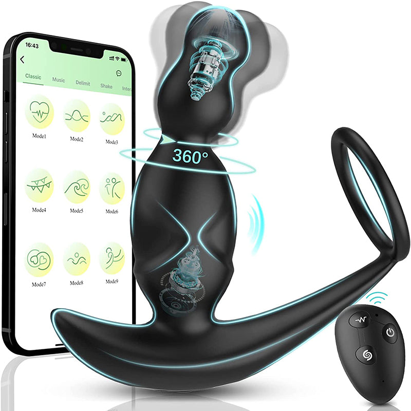 Luse APP Control Rotación de 3 velocidades y juguete anal con vibración de 10 frecuencias con anillo para el pene Masajeador de próstata 