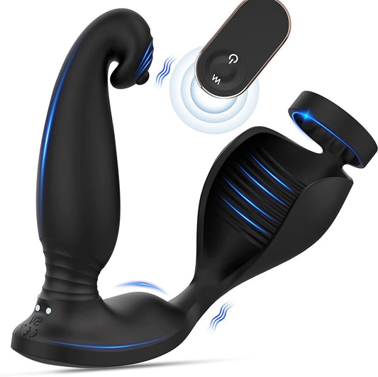 Masajeador de próstata con tapón anal y anillo para pene con control remoto y vibración versátil 