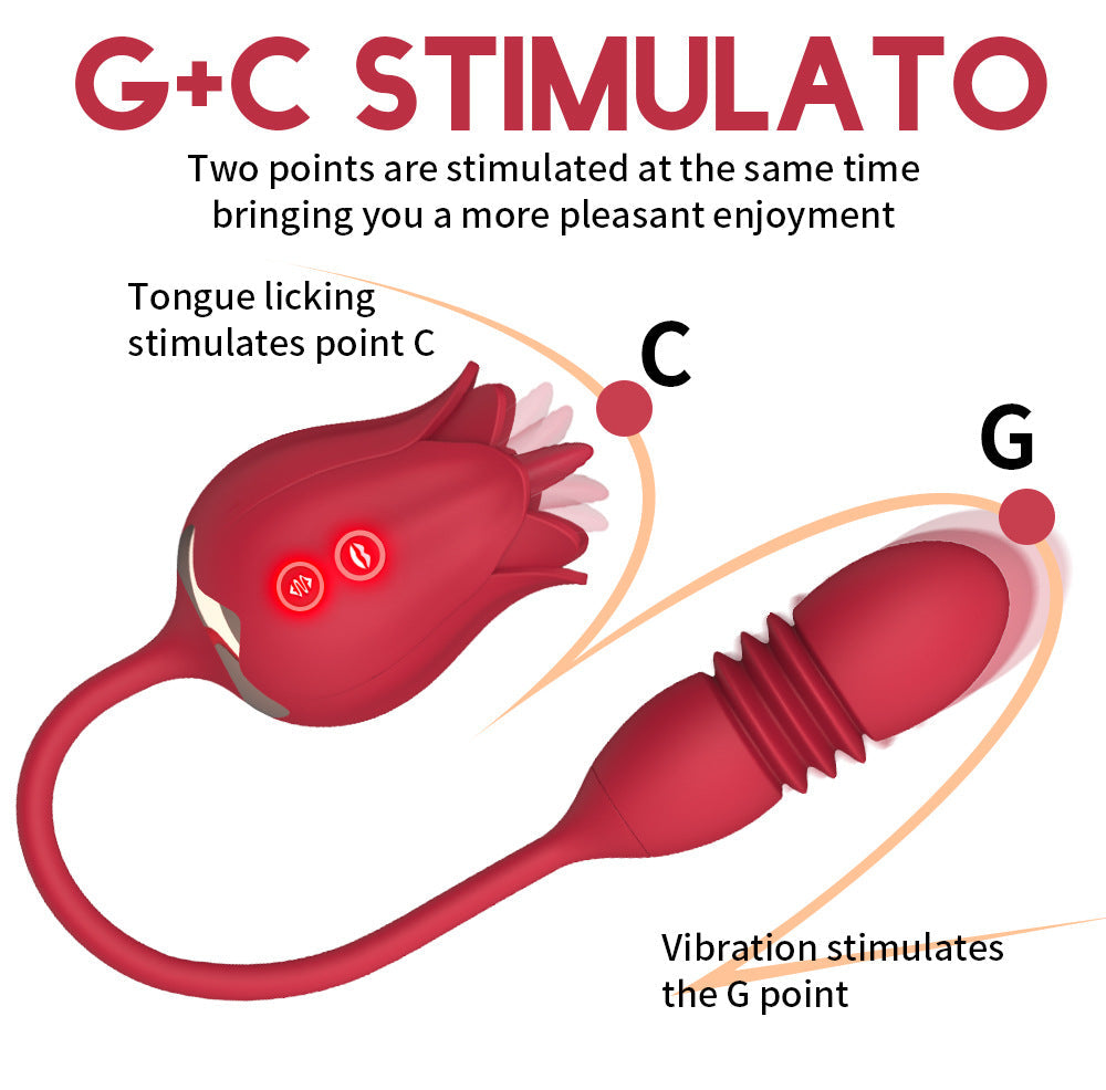 Vibrador de rosas que empuja, vibra y lame la lengua, juguetes femeninos 3 en 1 